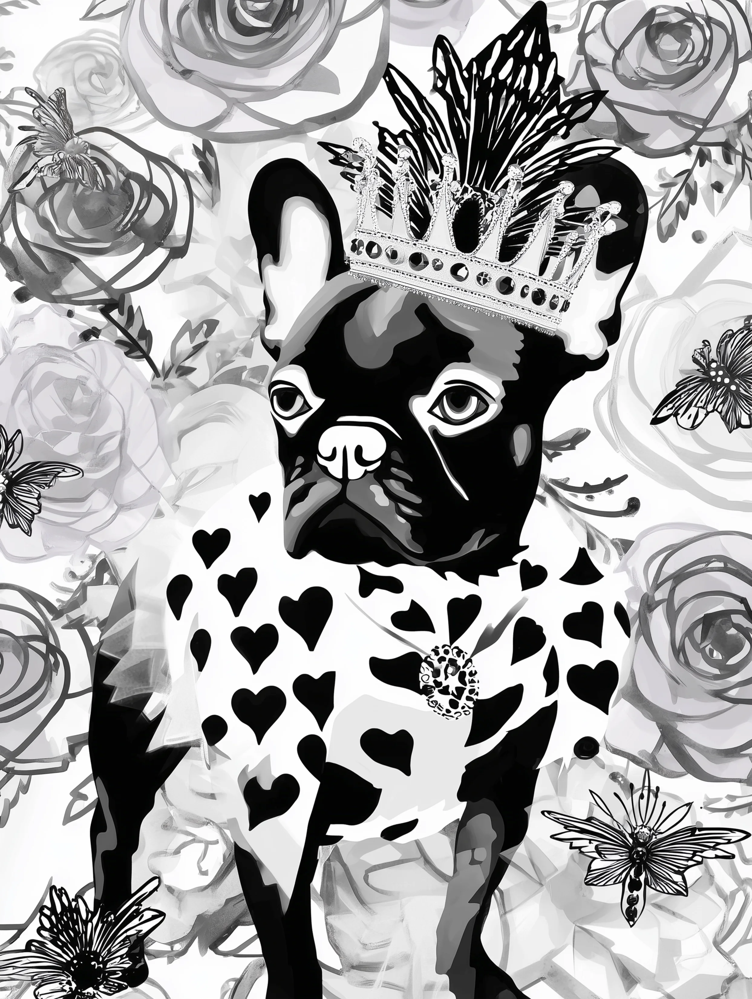 Free printable french bulldog coloring page featuring a royal french bulldog in a white heart jacket